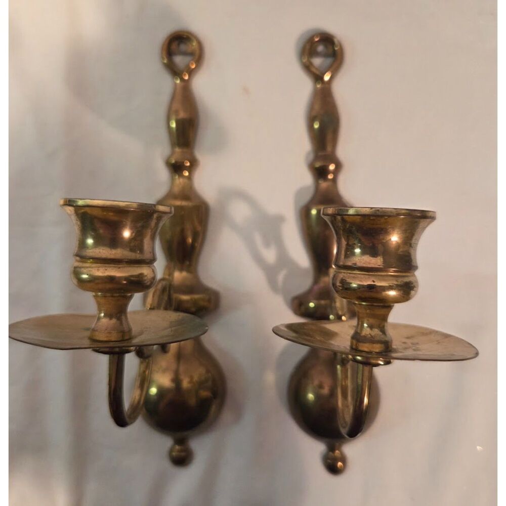 Vintage Solid Brass Wall Sconces Pair Traditional Taper Candle Holders